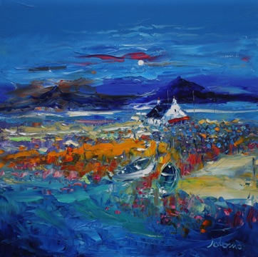 Eveninglight beached boats and blue creels North Uist 20x20